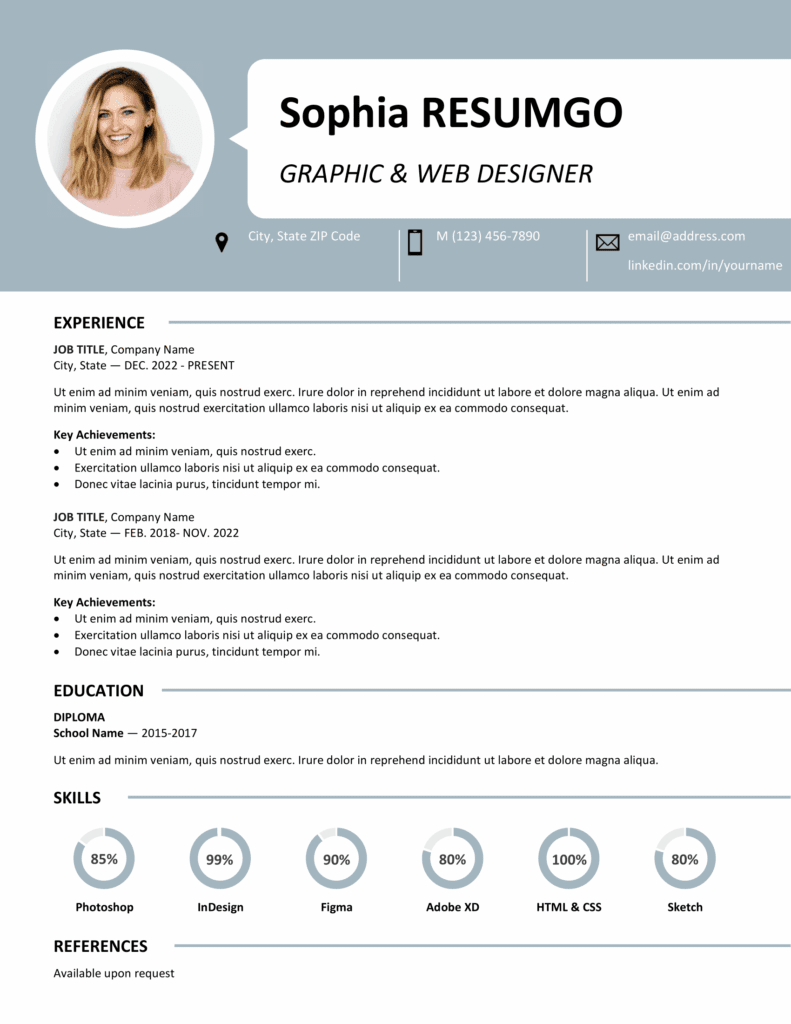 Blue Centrum Resume Template with single-column design, banner header, and skill charts, editable in Word & PowerPoint.