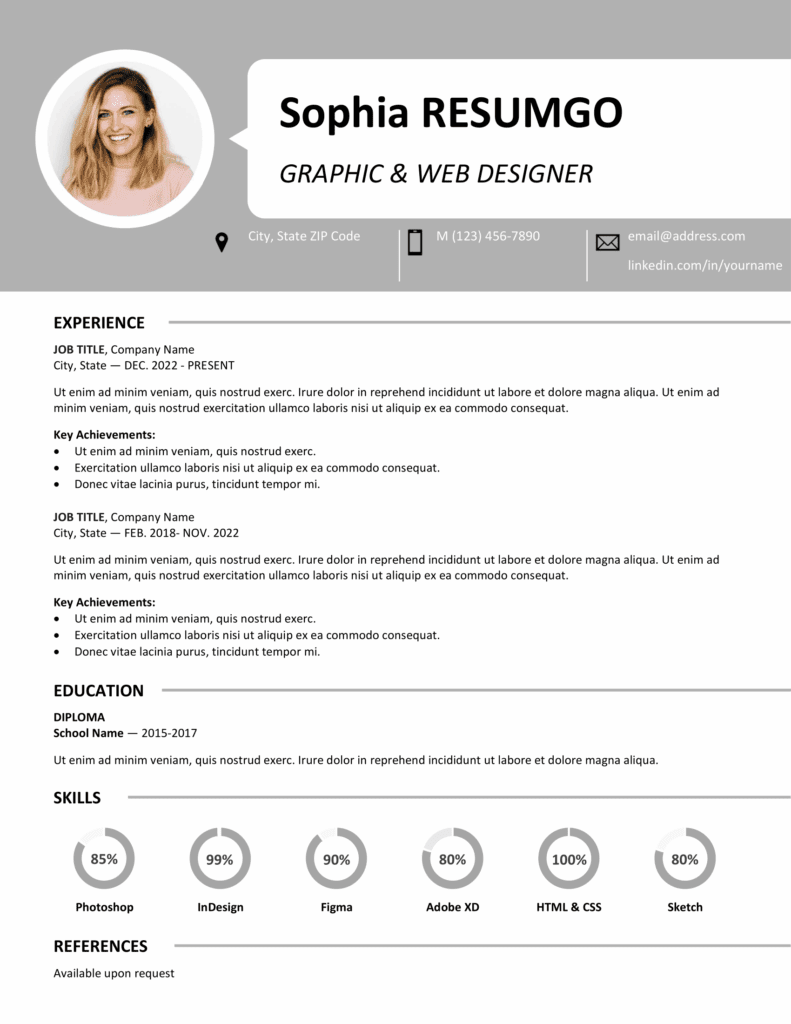 Gray Centrum Resume Template with single-column design, banner header, and skill charts, editable in Word & PowerPoint.