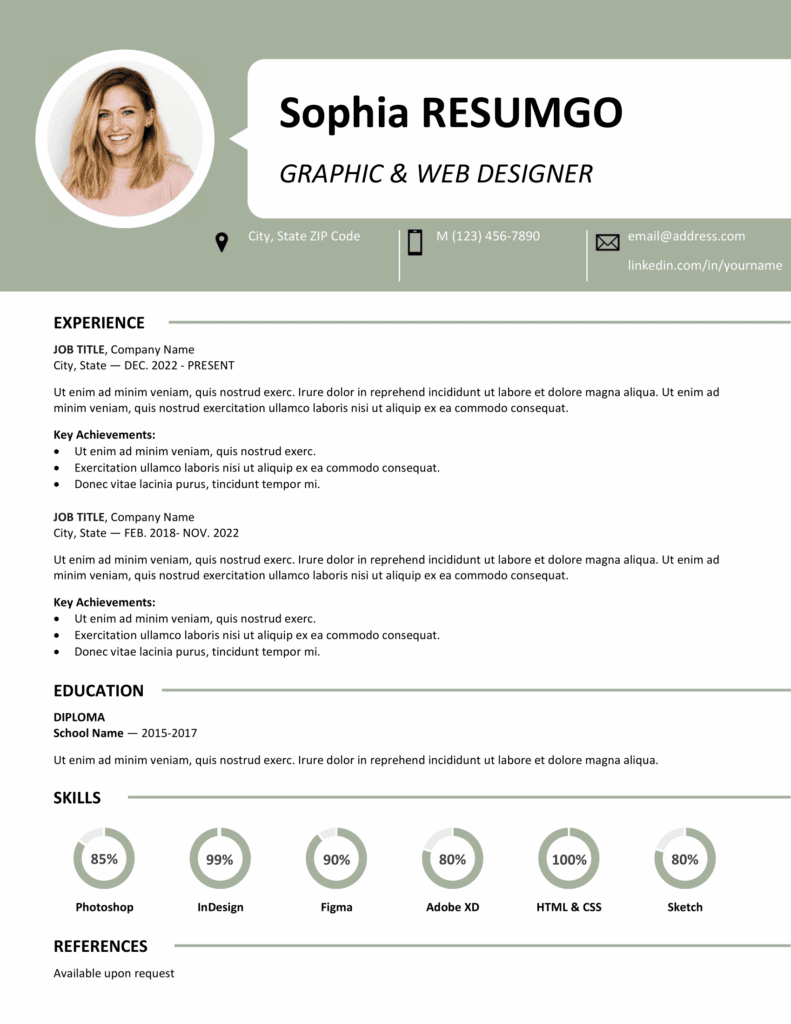 Green Centrum Resume Template with single-column design, banner header, and skill charts, editable in Word & PowerPoint.