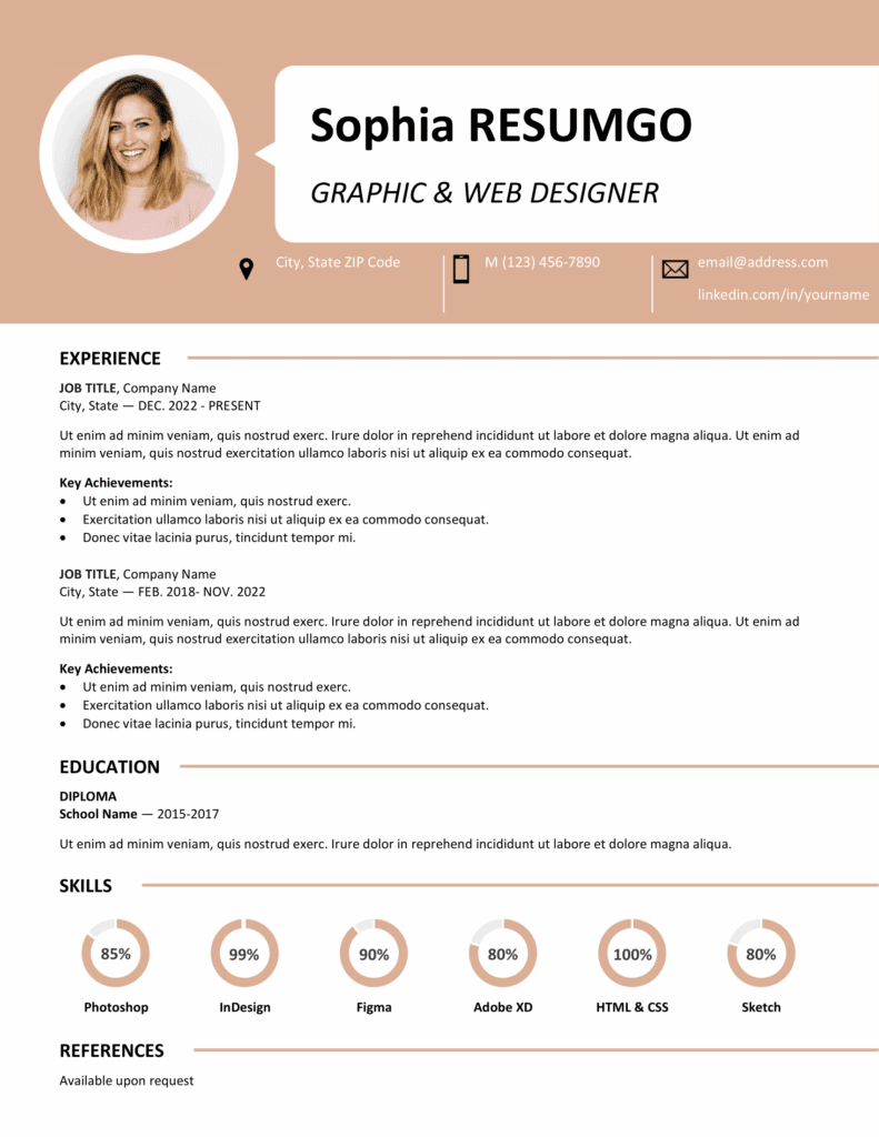 Orange Centrum Resume Template with single-column design, banner header, and skill charts, editable in Word & PowerPoint.