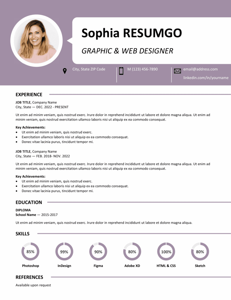 Purple Centrum Resume Template with single-column design, banner header, and skill charts, editable in Word & PowerPoint.