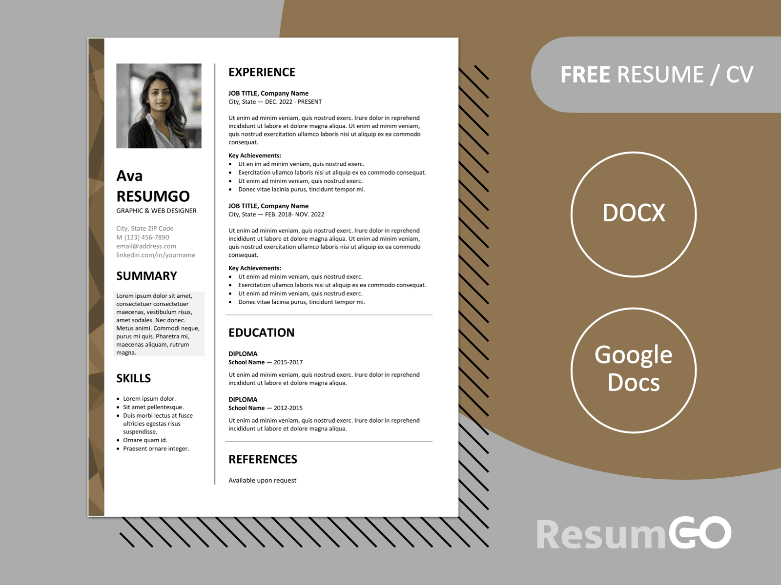 Featured preview of Dalston resume template with modern two-column layout, brown stylish left border, and editable formats in Word & Google Docs.