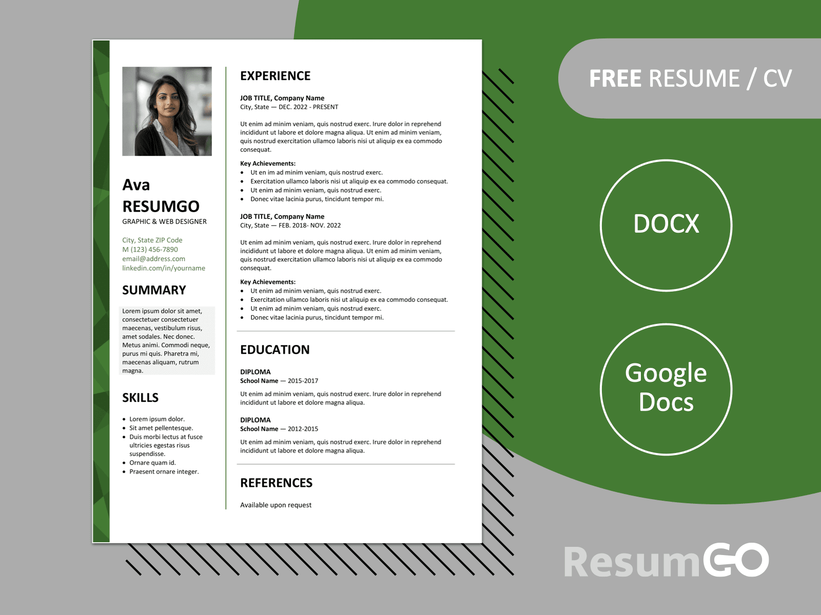 Featured preview of Dalston resume template with modern two-column layout, green stylish left border, and editable formats in Word & Google Docs.