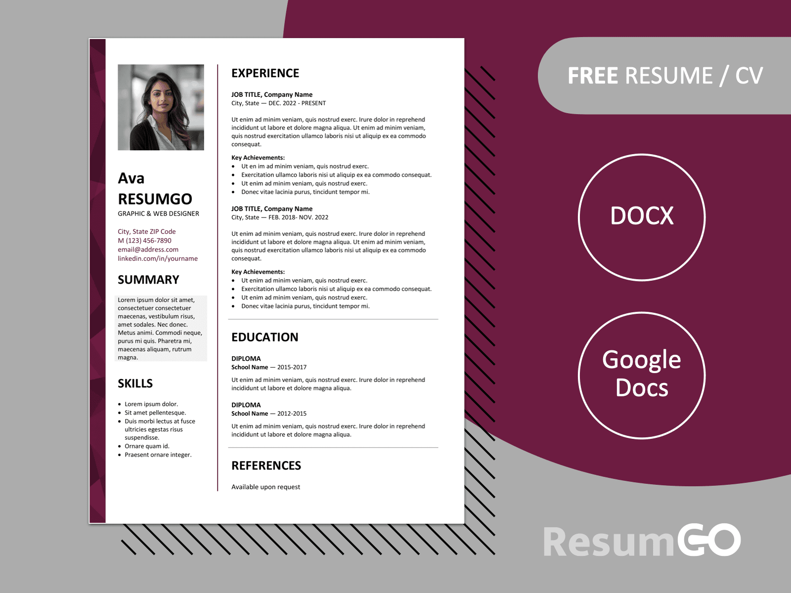 Featured preview of Dalston resume template with modern two-column layout, purple stylish left border, and editable formats in Word & Google Docs.