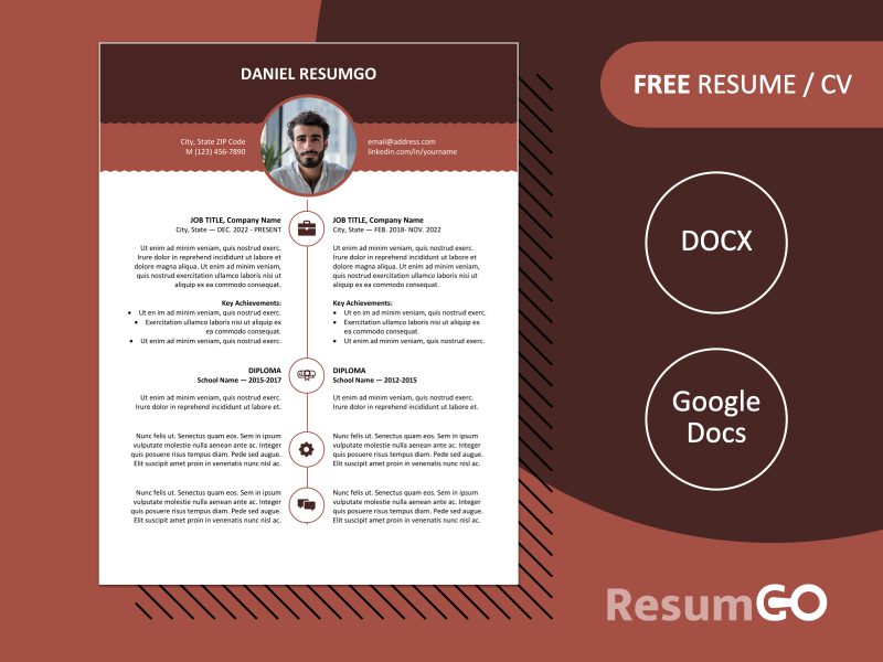 Featured image of Esquilino resume template showing brown stylish top banner design in Word and Google Docs formats.