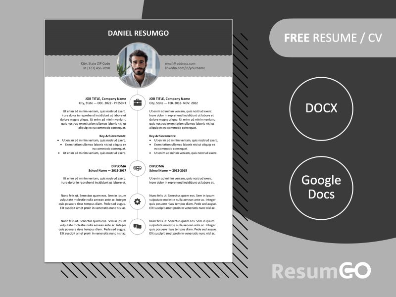 Featured image of Esquilino resume template showing gray stylish top banner design in Word and Google Docs formats.