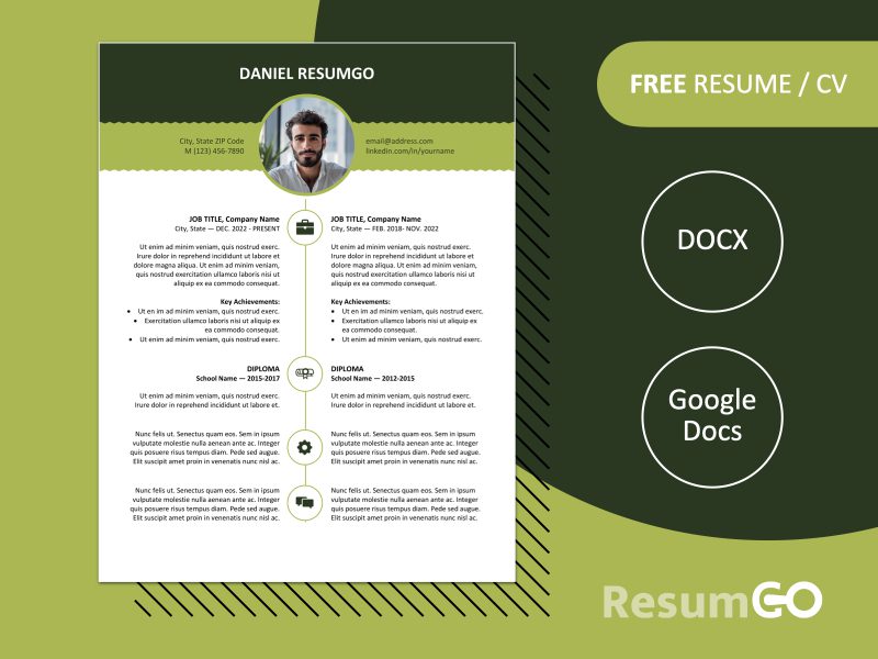Featured image of Esquilino resume template showing green stylish top banner design in Word and Google Docs formats.