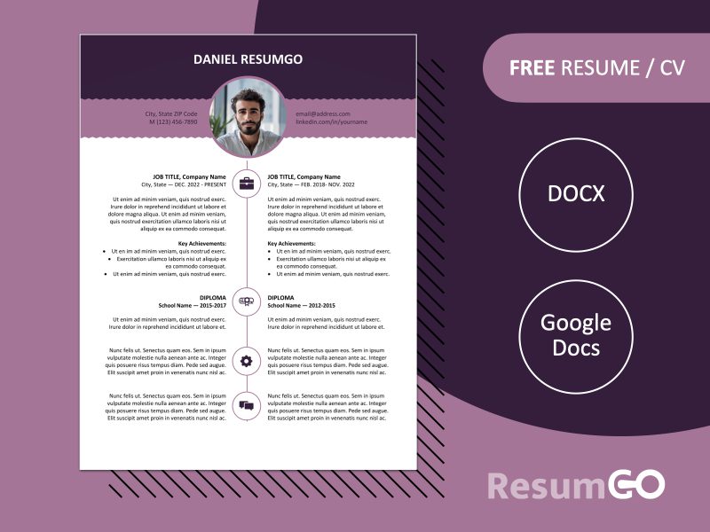 Featured image of Esquilino resume template showing purple stylish top banner design in Word and Google Docs formats.