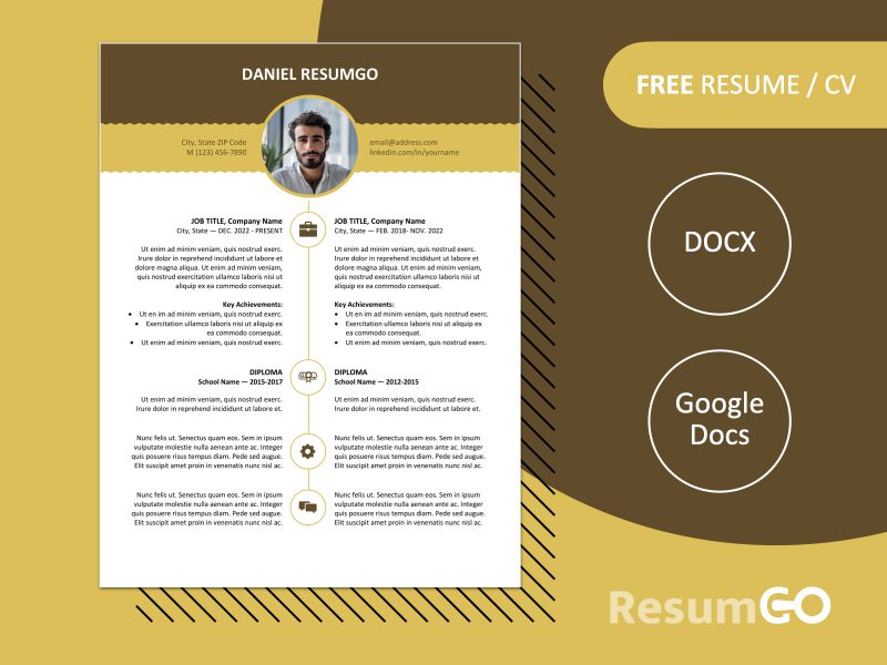 Featured image of Esquilino resume template showing yellow stylish top banner design in Word and Google Docs formats.