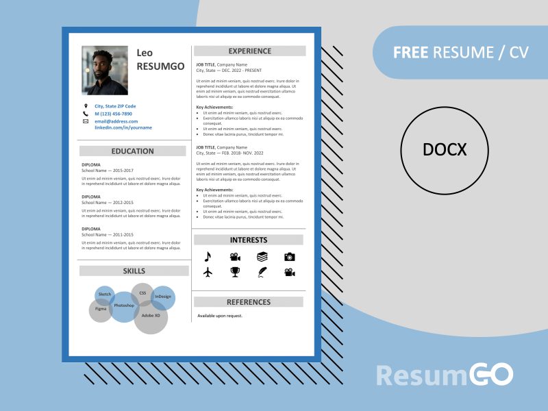 Fitzroy blue resume template featured image showing modern two-column border design, editable in Word, free download.