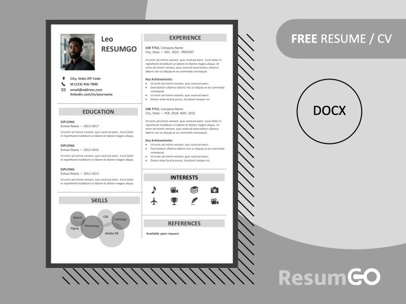 Fitzroy gray resume template featured image showing modern two-column border design, editable in Word, free download.