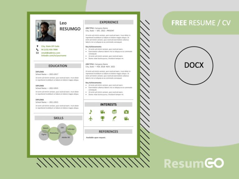 Fitzroy green resume template featured image showing modern two-column border design, editable in Word, free download.