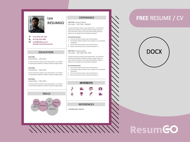 Fitzroy purple resume template featured image showing modern two-column border design, editable in Word, free download.
