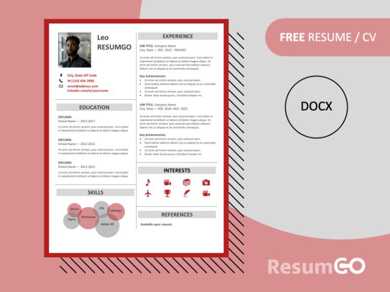 Fitzroy red resume template featured image showing modern two-column border design, editable in Word, free download.