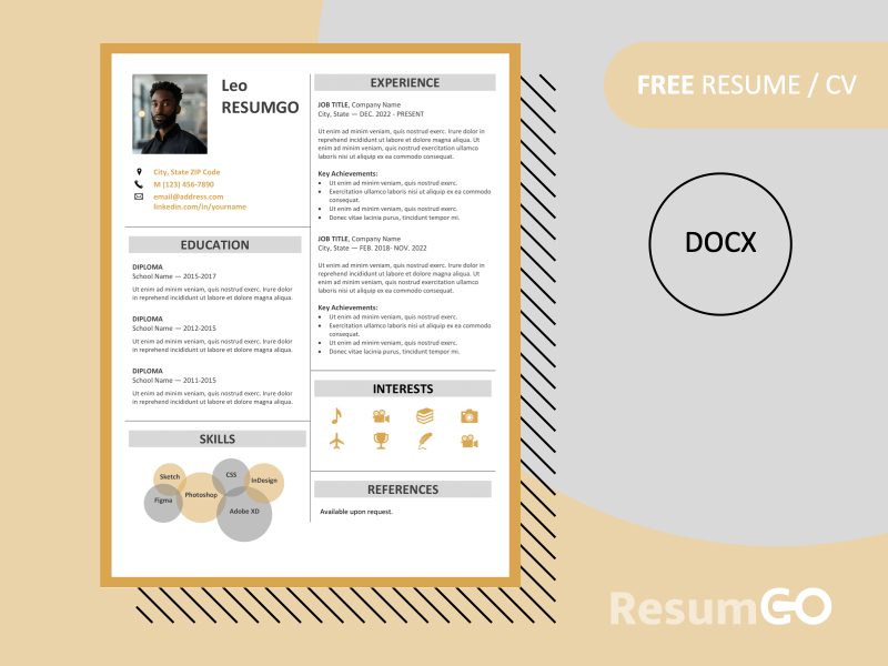 Fitzroy yellow resume template featured image showing modern two-column border design, editable in Word, free download.
