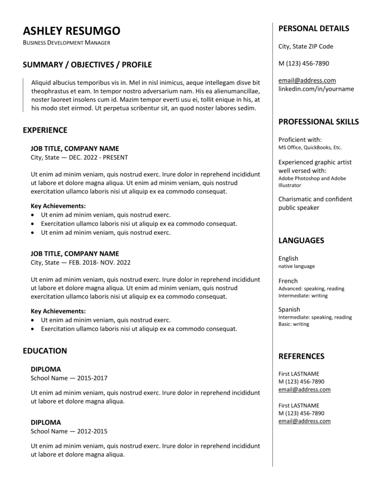 Preview of Gastown resume template in a two-column black and white layout, editable in Word and Google Docs.