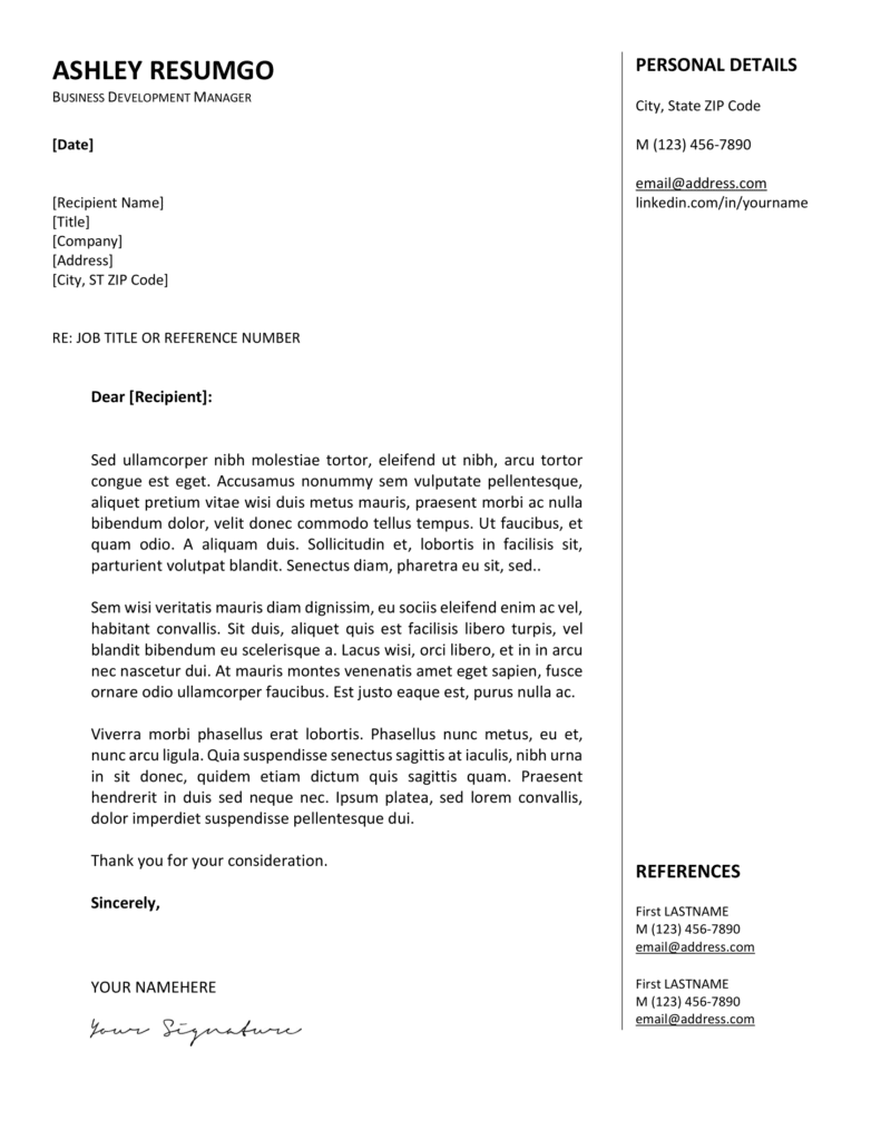 Cover letter preview from Gastown resume template, matching two-column design in Word and Google Docs formats.