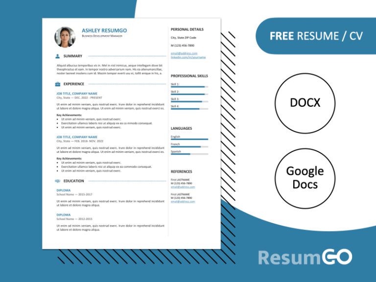 Featured preview of the Gastown2 resume template in blue color styles, available in Word & Google Docs.