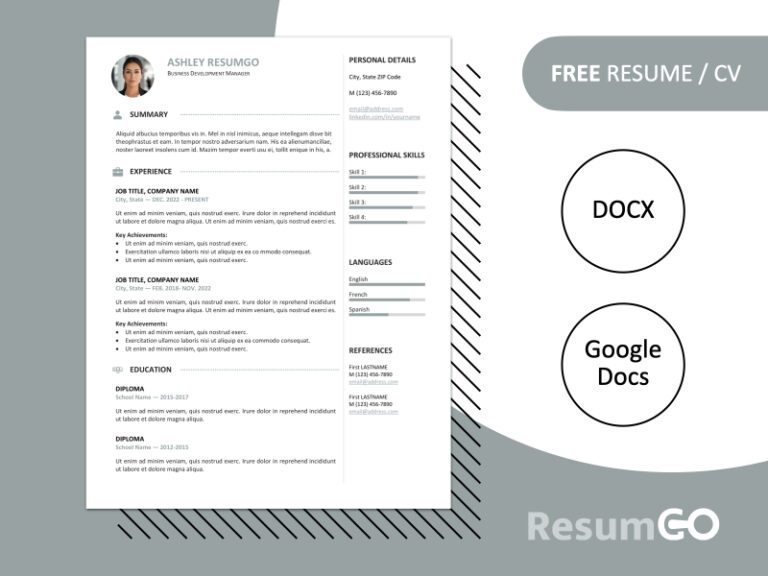 Featured preview of the Gastown2 resume template in gray color styles, available in Word & Google Docs.