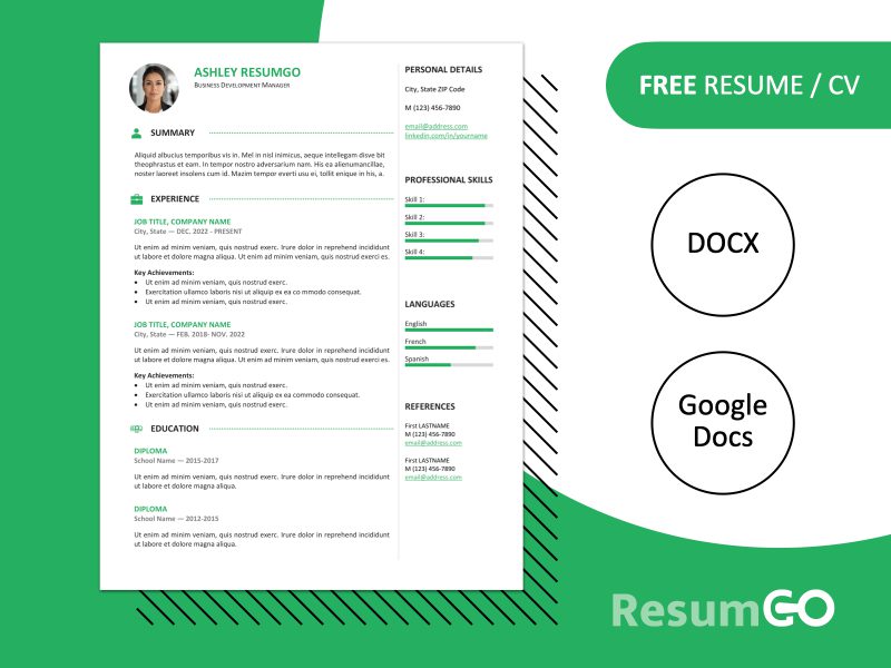 Featured preview of the Gastown2 resume template in green color styles, available in Word & Google Docs.
