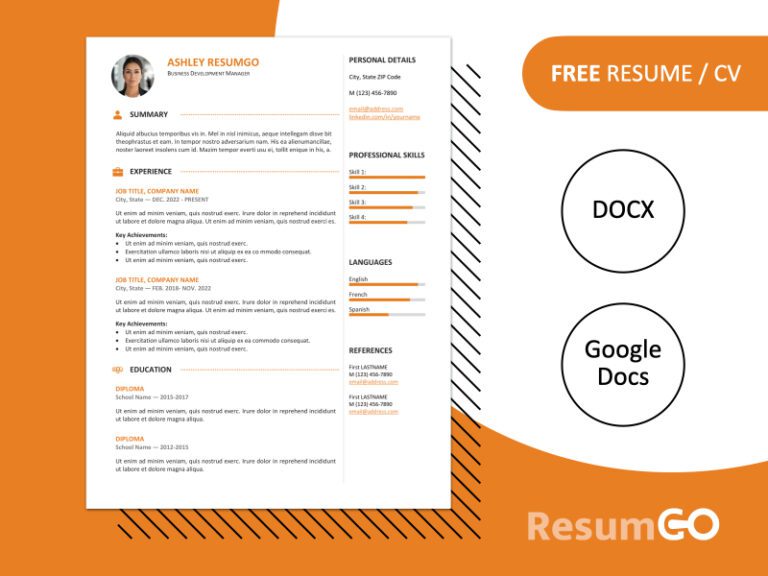 Featured preview of the Gastown2 resume template in orange color styles, available in Word & Google Docs.