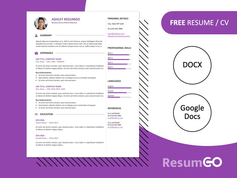 Featured preview of the Gastown2 resume template in purple color styles, available in Word & Google Docs.