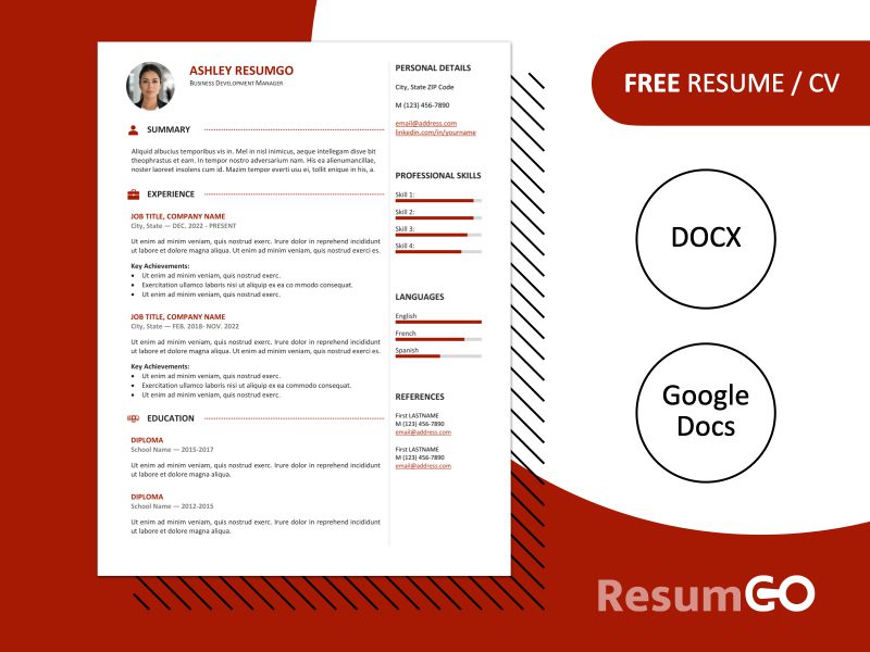Featured preview of the Gastown2 resume template in red color styles, available in Word & Google Docs.