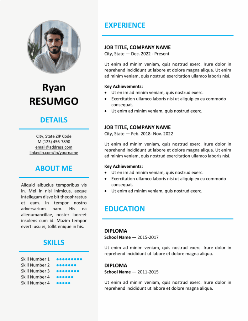 Blue version of the Ikebukuro Resume Template in US Letter size, clean one-page layout editable in Word & Google Docs.