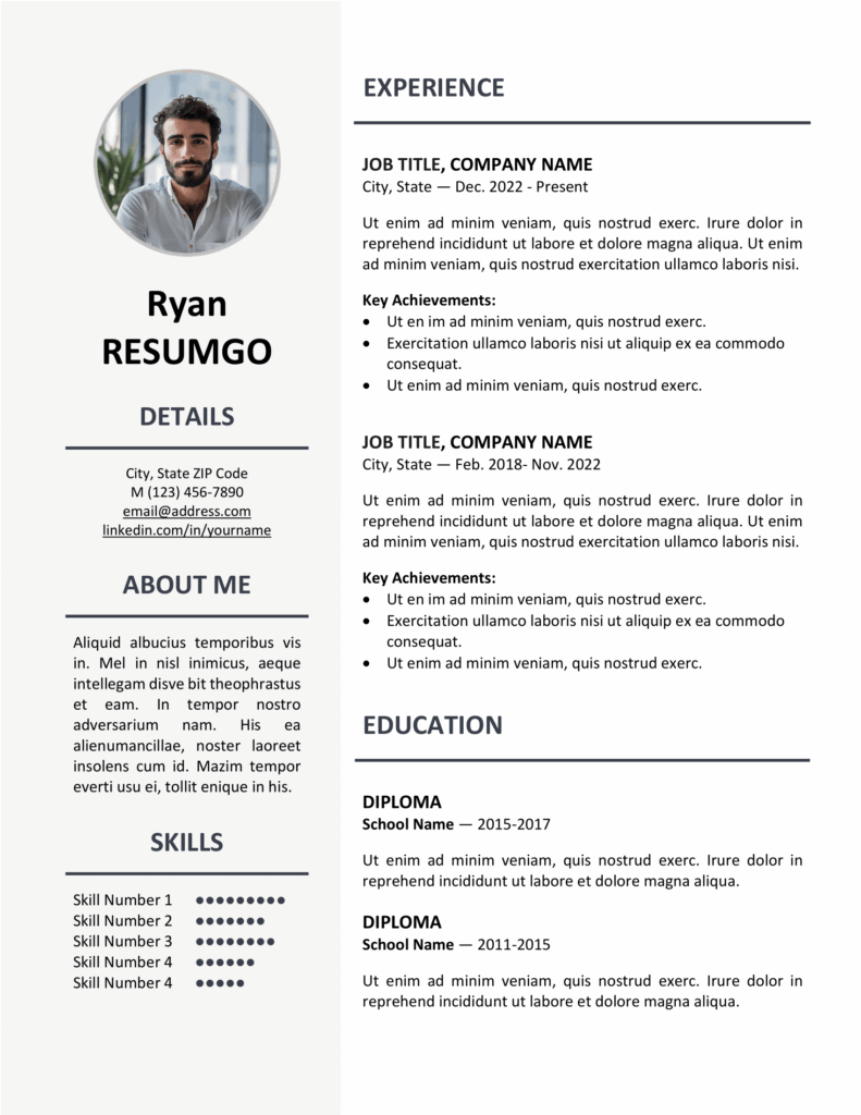 Gray version of the Ikebukuro Resume Template in US Letter size, clean one-page layout editable in Word & Google Docs.