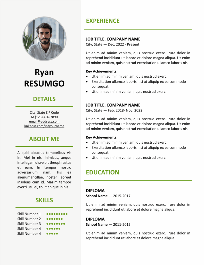 Green version of the Ikebukuro Resume Template in US Letter size, clean one-page layout editable in Word & Google Docs.