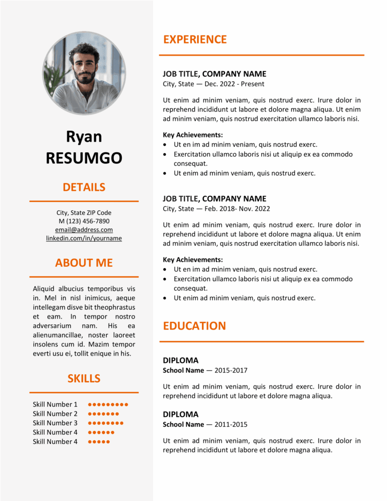 Orange version of the Ikebukuro Resume Template in US Letter size, clean one-page layout editable in Word & Google Docs.
