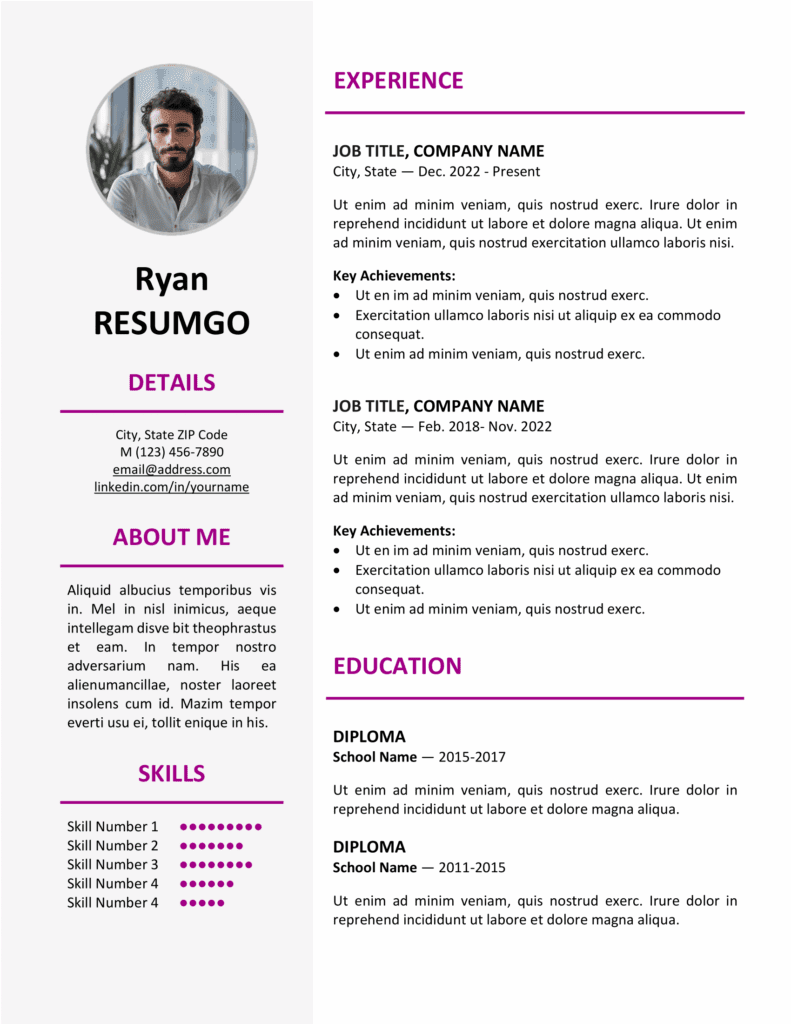 Purple version of the Ikebukuro Resume Template in US Letter size, clean one-page layout editable in Word & Google Docs.