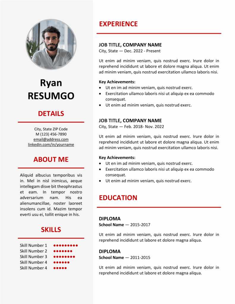Red version of the Ikebukuro Resume Template in US Letter size, clean one-page layout editable in Word & Google Docs.