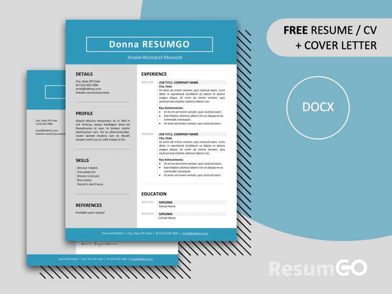 Featured preview of Jordaan resume template in blue with cover letter, editable in Word.