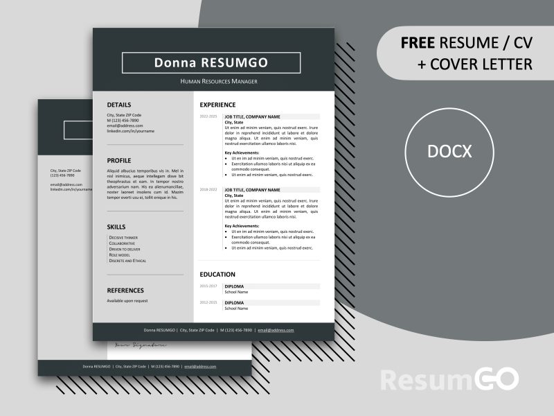 Featured preview of Jordaan resume template in gray with cover letter, editable in Word.