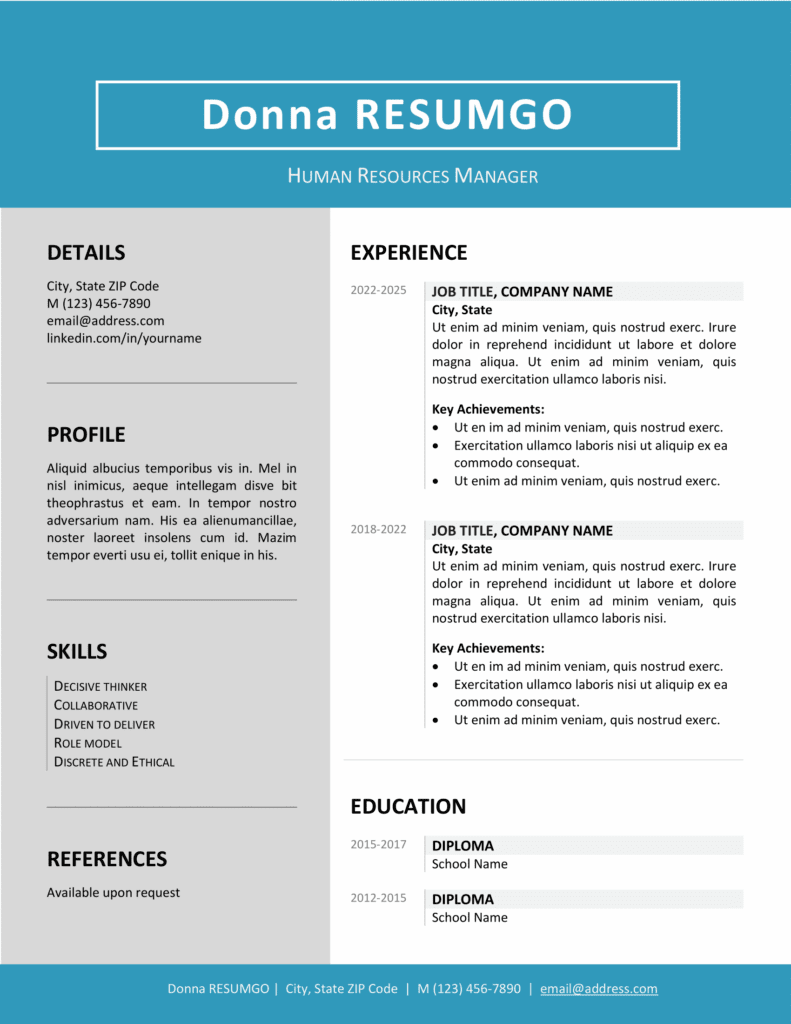 Blue version of the Jordaan clean two-column resume template with matching cover letter, editable in Word.