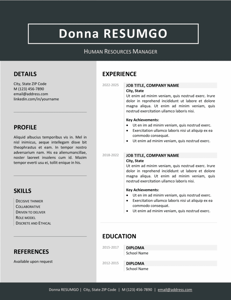 Gray version of the Jordaan clean two-column resume template with matching cover letter, editable in Word.