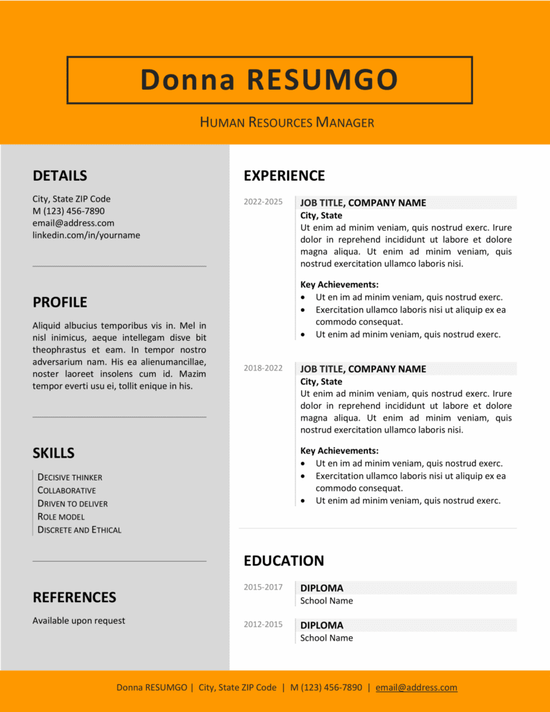 Orange version of the Jordaan clean two-column resume template with matching cover letter, editable in Word.