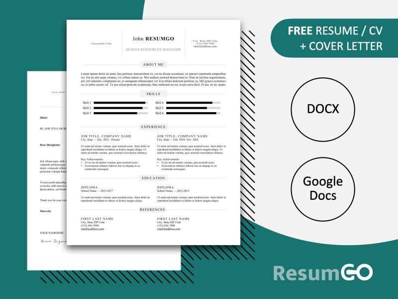 Featured marketing preview of the Kallio resume template showing formats in Word and Google Docs with minimalist black & white design.