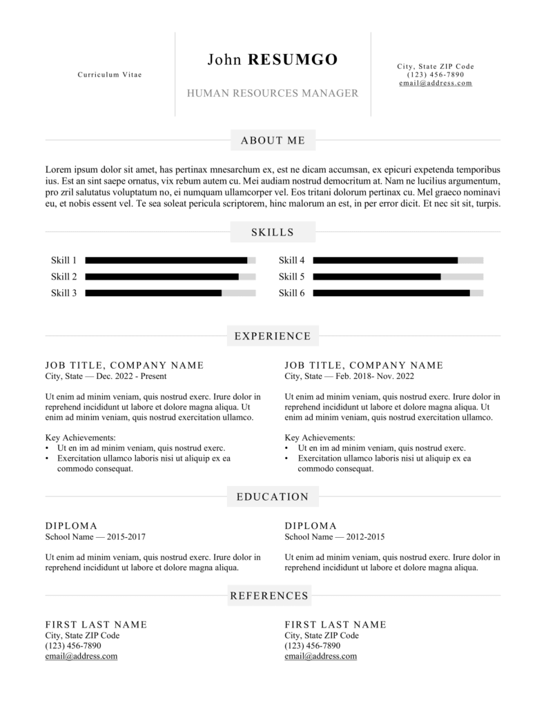 Kallio resume template in black & white, 2-column layout with skill charts, editable in Word & Google Docs.