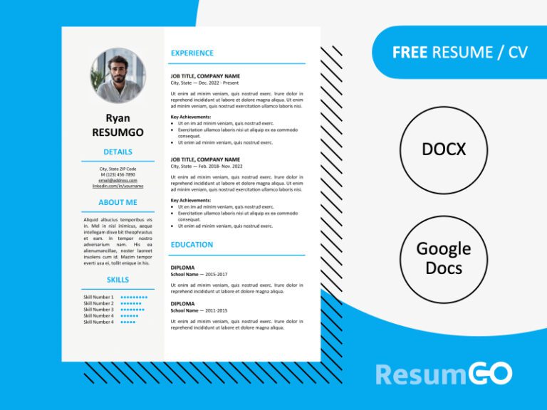 Featured preview of the blue Ikebukuro Resume Template showing elegant one-page design in Word & Google Docs.