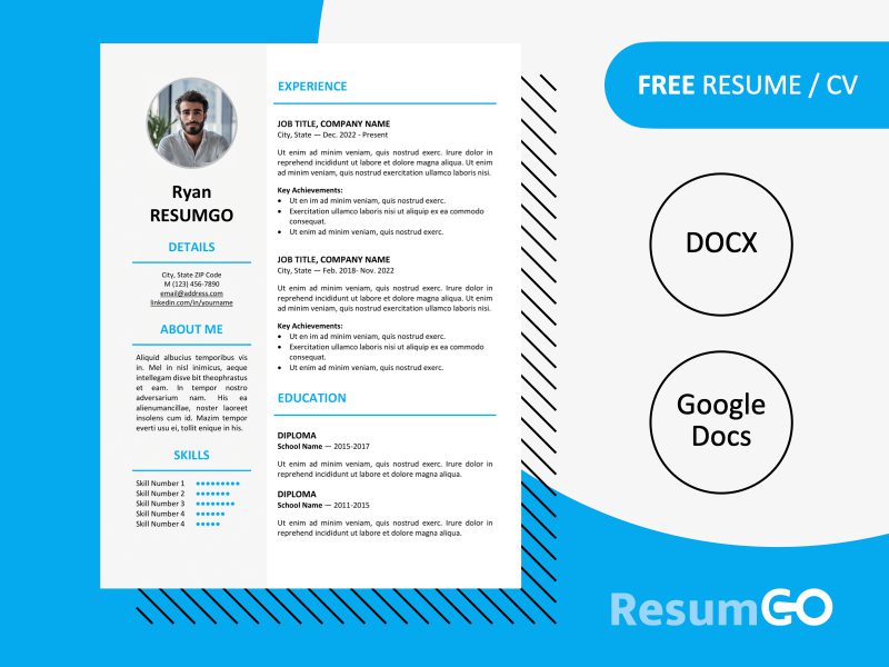 Featured preview of the blue Ikebukuro Resume Template showing elegant one-page design in Word & Google Docs.