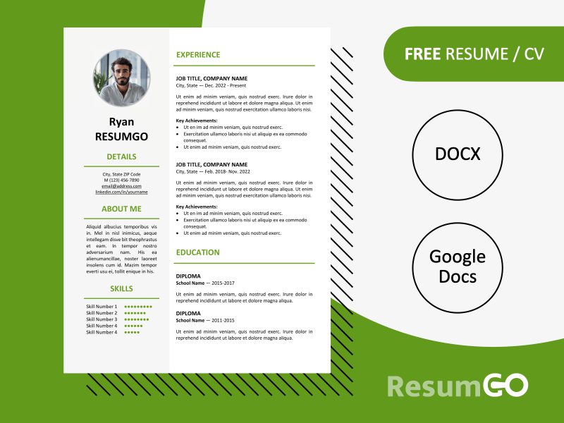 Featured preview of the green Ikebukuro Resume Template showing elegant one-page design in Word & Google Docs.