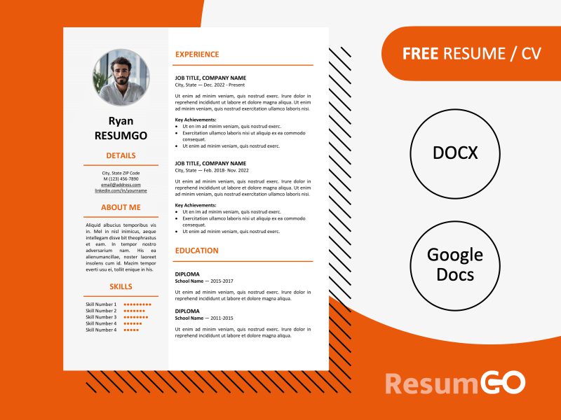Featured preview of the orange Ikebukuro Resume Template showing elegant one-page design in Word & Google Docs.