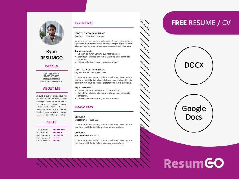 Featured preview of the purple Ikebukuro Resume Template showing elegant one-page design in Word & Google Docs.