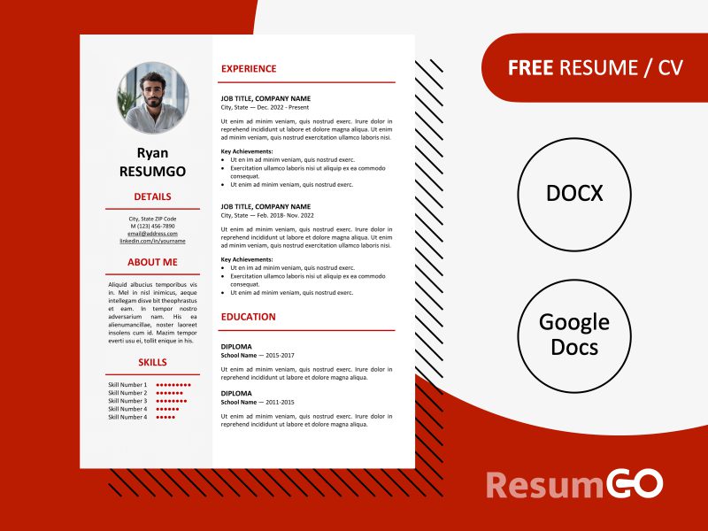 Featured preview of the red Ikebukuro Resume Template showing elegant one-page design in Word & Google Docs.