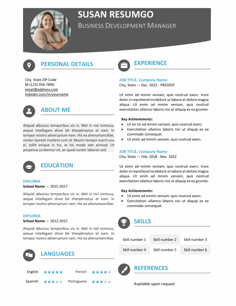 Blue Hongdae resume template with clean one-page design and top banner, editable in Word & Google Docs.
