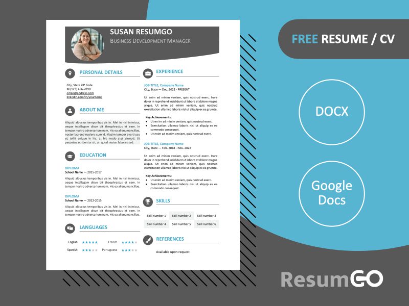 Blue Hongdae resume template with modern one-page design and colored banner, editable in Word & Google Docs.