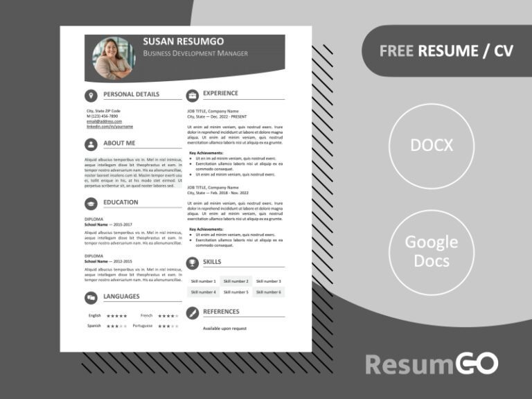 Gray Hongdae resume template with modern one-page design and colored banner, editable in Word & Google Docs.