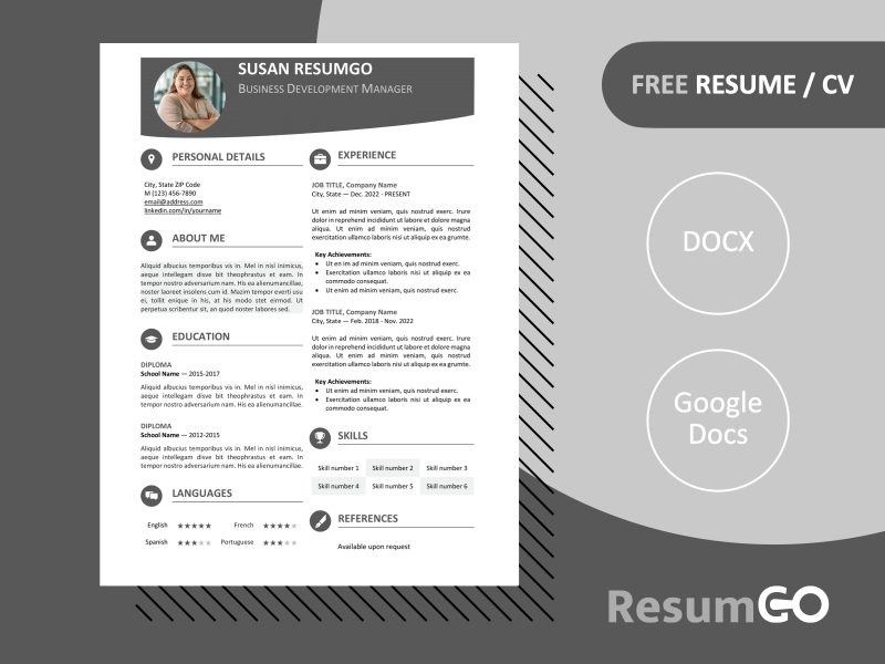 Gray Hongdae resume template with modern one-page design and colored banner, editable in Word & Google Docs.